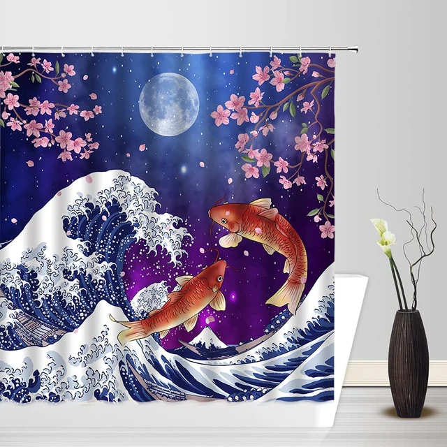 Japanese Koi Cherry Blossom Shower Curtain Set Moon Sea Wave