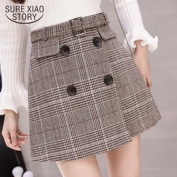 

Fashion Autumn Winter Mini Skirt Wool Plaid Skirt Women Casual High Waist Button Lattice Womens Clothing Female Skirts 1916 50
