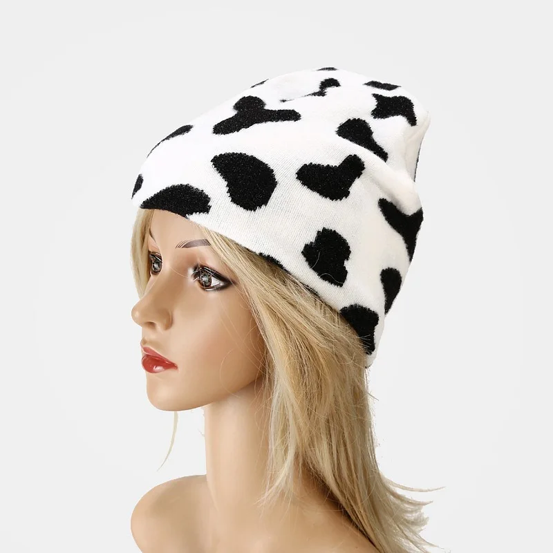

Oloey Cow Pattern Printed Winter Hats For Women Beanie Fashion Knitted Warm Hat Casual Bonnet Femme Hiver 2020 Streetwear Hot