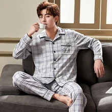 Pyjama en coton pour hommes, ensemble chaud, grande taille, décontracté, manches longues, vêtements de nuit, confortable, extensible, pour la maison, printemps et été 