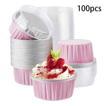

100Pcs 5Oz 125Ml Disposable Cake Baking Cups Muffin Liners Cups with Lids Aluminum Foil Cupcake Baking Cups-Pink