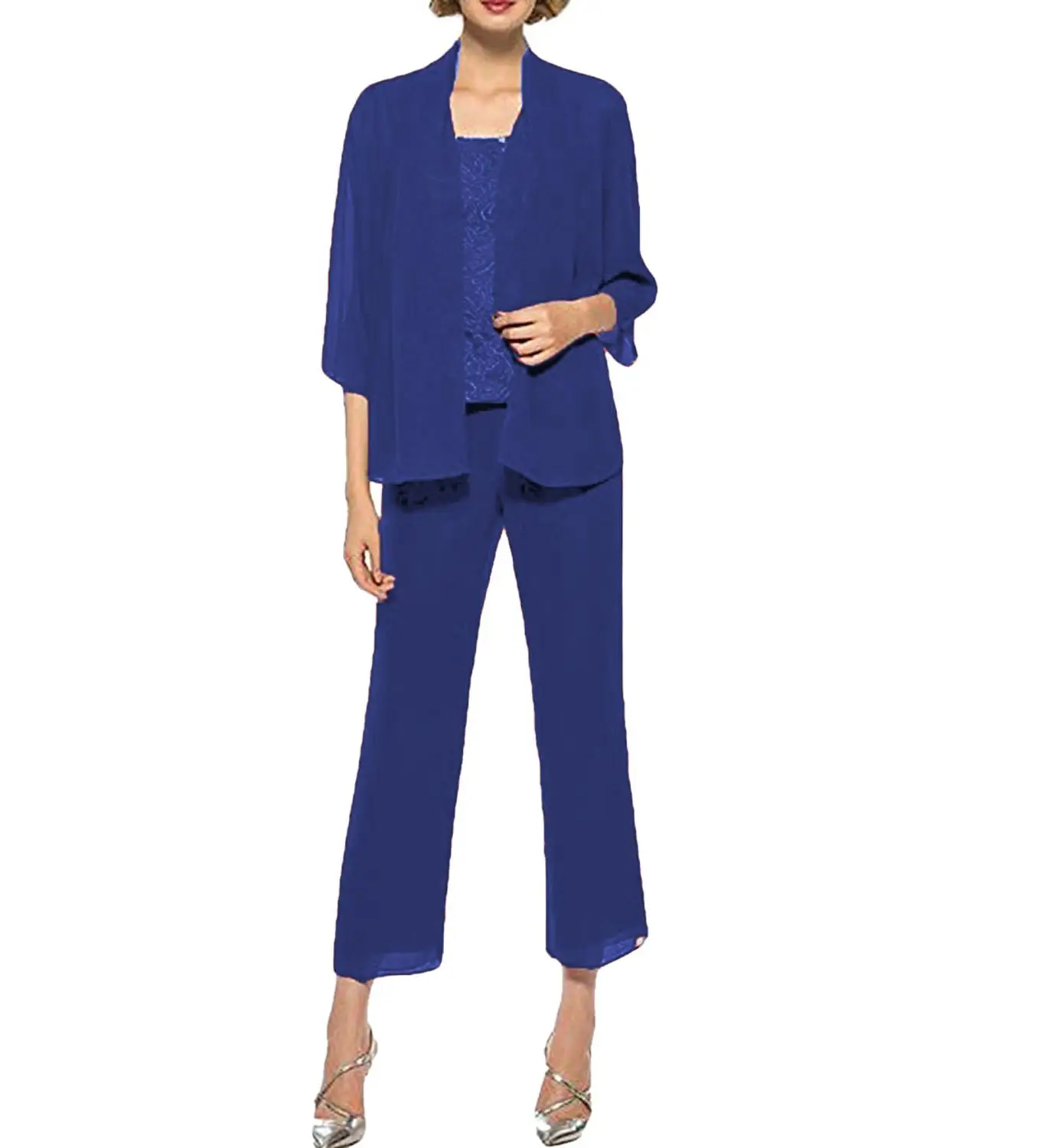 Royal Blue Женский комплект из 3 предметов: шифоновое и кружевное платье для матери невесты красного, кофейного, лавандового цвета, брюки, костюм с курткой, наряд с рукавами 3/4 - Цвет: Royal Blue