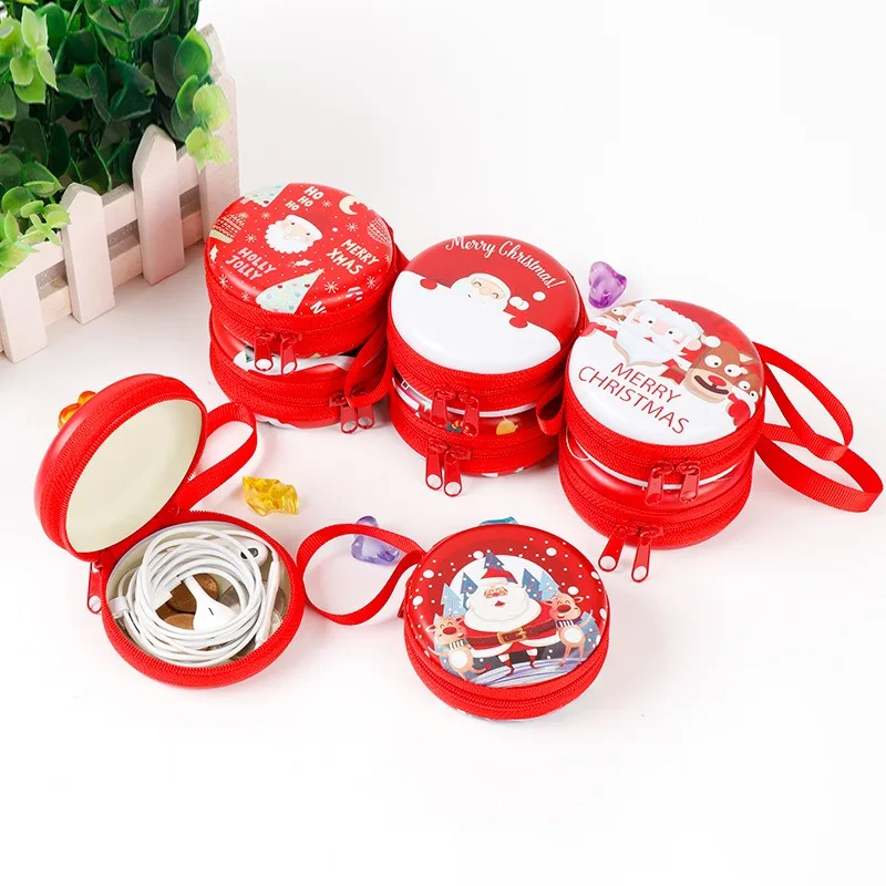 

Christmas Red Cute Round Coin Storage Purse Headphone Case Women Cute Small Wallet Change Bag Key Holder Mini Pocket Coin Box