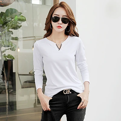 Shintimes хит цвет v-образным вырезом Футболка женская рубашка с длинными рукавами женская одежда зима корейский стиль футболки хлопок Футболка Femme - Цвет: white t shirt
