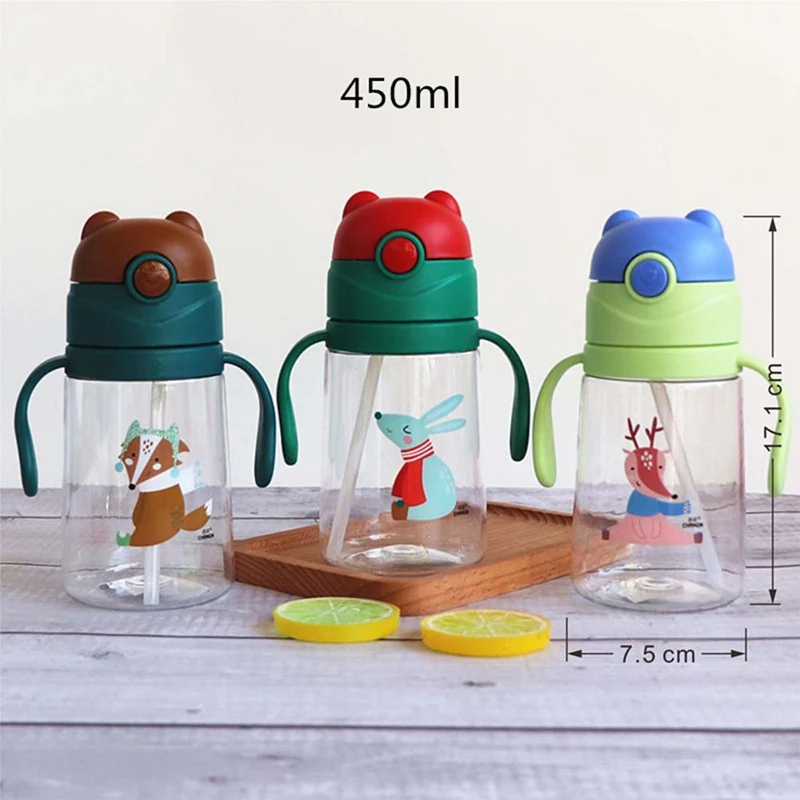 Детская школьная соломенная бутылка для питьевой воды с изображением животных из мультфильмов, 1 шт., чашка для кормления детей с ручкой и ремешком, 450 мл