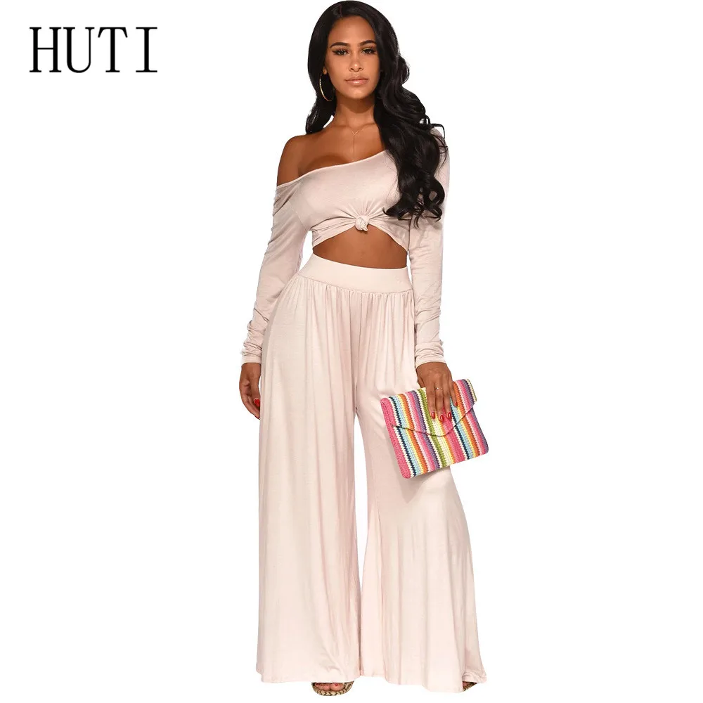 

HITU Jumpsuits Women Sexy Loose Two Pieces Sets Wide Leg Playsuits Elegant Long Sleeve Casual High Waist Female Overalls Mujer
