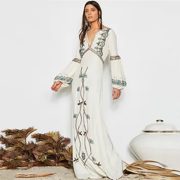 

TEELYNN Sexy deep v neck maxi dresses women flare long sleeve cotton floral embroidery white dress vestidos 2020 boho tunic robe
