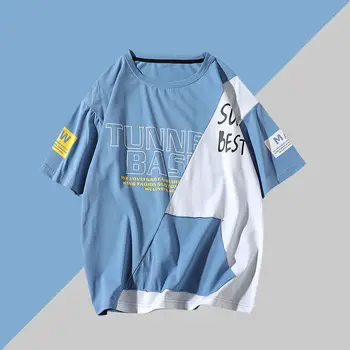 

2020 New Summer Korean Version Of Harajuku Hip-hop Stitching Printed Casual Cotton Five-point Sleeve T-shirt M-3XL