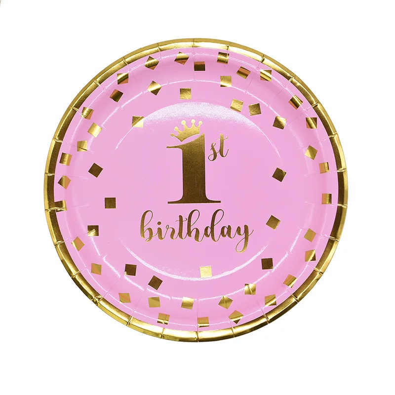 Детская одноразовая посуда на 1-й день рождения, розовая, синяя Салфетка под тарелку кружку, на один год, на первый день рождения, на вечеринку, на стол, декор для детского душа