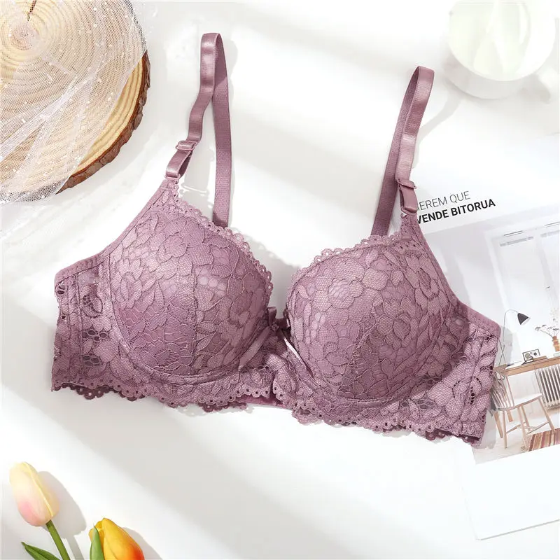 style2 purple Кружевной бюстгальтер с застежкой спереди, красивый бюстгальтер с пуш-ап эффектом, сексуальный бюстгальтер на косточках для женщин, однотонное женское нижнее белье - Цвет: style2 purple