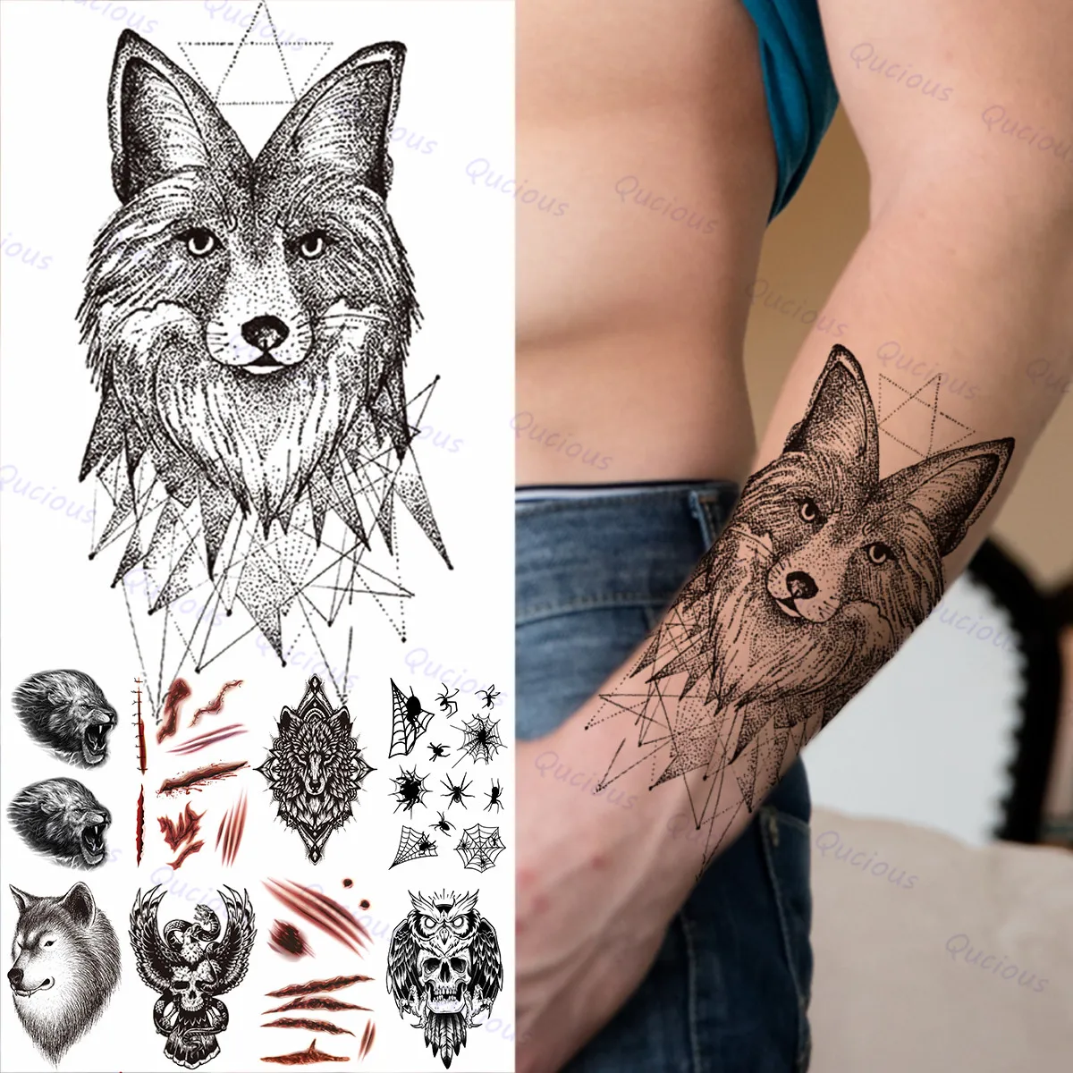 Geometry Fox Temporary Tattoos For Men Adult Lion Skeleton Owl Spider Fake Tattoos Sticker Forearm Back Waterproof Tatoos Wolf - Temporary Tattoos - AliExpress