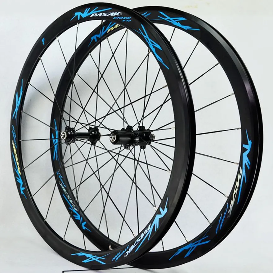 Дорожный велосипед 40 мм плоские спицы полосы Сверхлегкий герметичный подшипник 11 скоростей C V набор тормозных колес 700C колеса велосипеда - Цвет: black hub blue logo