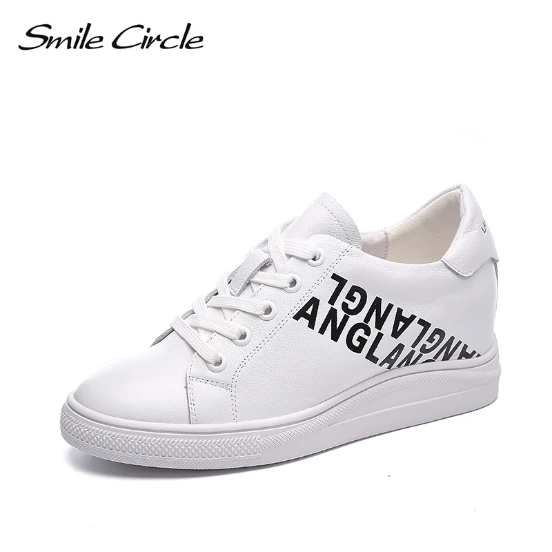 

Smile Circle Sneakers Flat Platform shoes white Casual Genuine Leather Lace-up shoes Ladies 2019