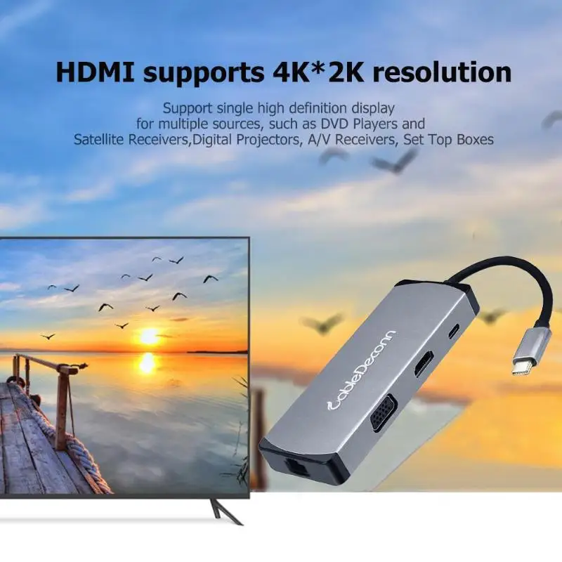 Cabledeconn 8 в 1 концентратор USB C к HDMI+ VGA+ USB 3,0+ RJ45+ type C PD адаптер конвертер для Macbook Pro Dell XPS