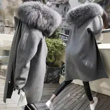Большой осенне-зимний стиль для девочек, осенне-зимняя мода в Корейском стиле, удлиненная шерстяная куртка средней длины с большим меховым воротником