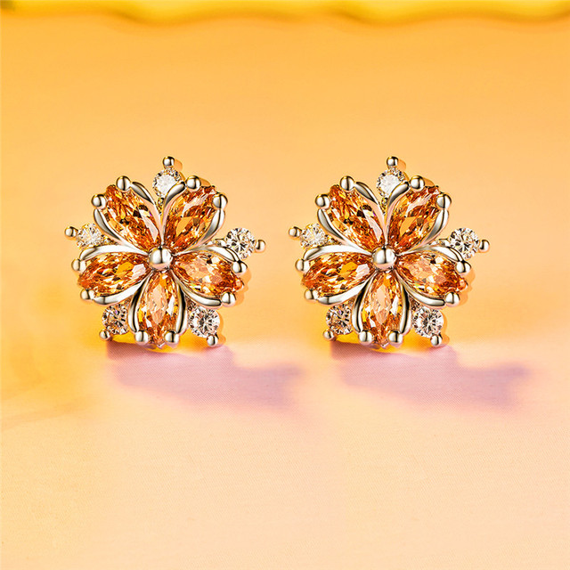 Female Pink Zircon Stone Earrings Gold Silver Color Wedding Earrings Jewelry Cute Flower Small Stud Earrings For Women