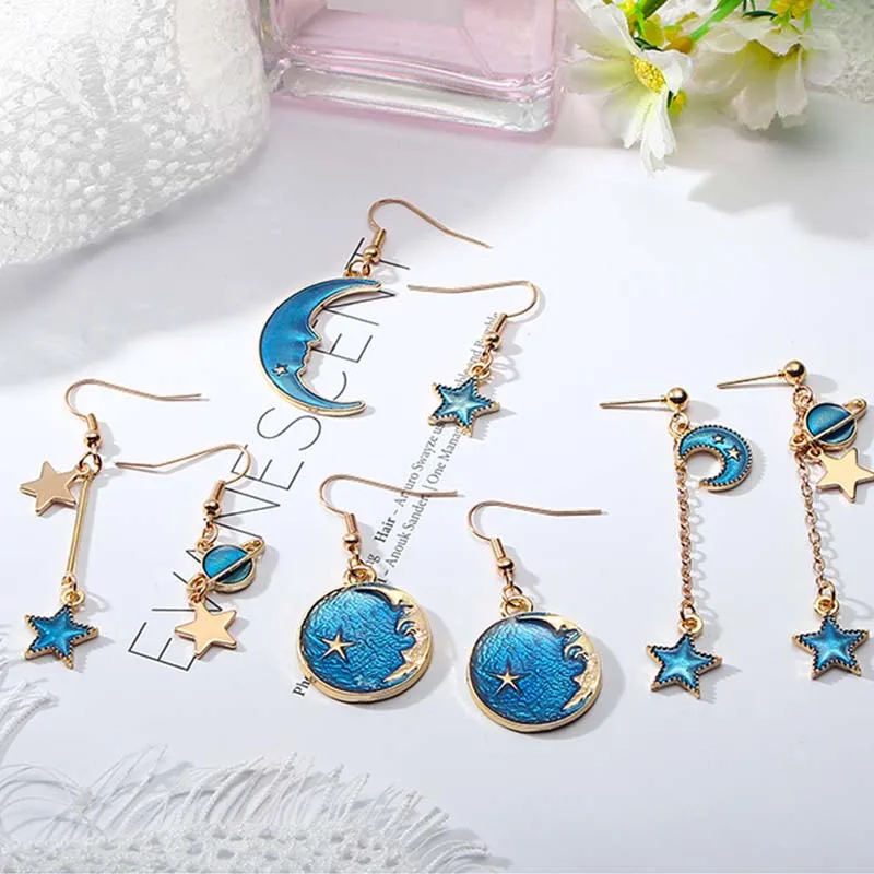 

Women Girls Dating Party Dress Jewelry 1 Pair Love Heart Round Blue Star Moon Asymmetric Long Dangling Earrings Eardrop