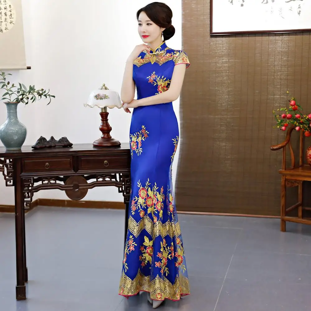 Blue Вечерние Cheongsam Китайский традиционный стиль женское зеленое тонкое вечернее платье Qipao сексуальное Очаровательное платье ретро китайское платье - Цвет: Blue