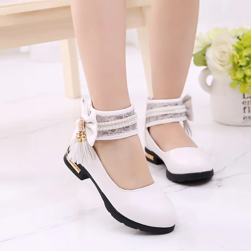 Spring New Princess Tassel Bow Children Girl Wedding Shoes For Big Kids High Heel Leather Shoes Size 3 4 5 6 7 8 9 10 11 12 13