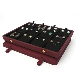 New Listing 12 Cells Retro Red Concealed Button PU Leather Jewelry Ring Pendant Display Tray For Organizer Holder Rack Stand