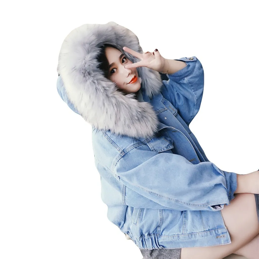 Зимний корейский стиль свободный толстый большой плюшевый меховой воротник джинсовая куртка женская теплая плюс бархатная Студенческая хлопковая куртка для женщин
