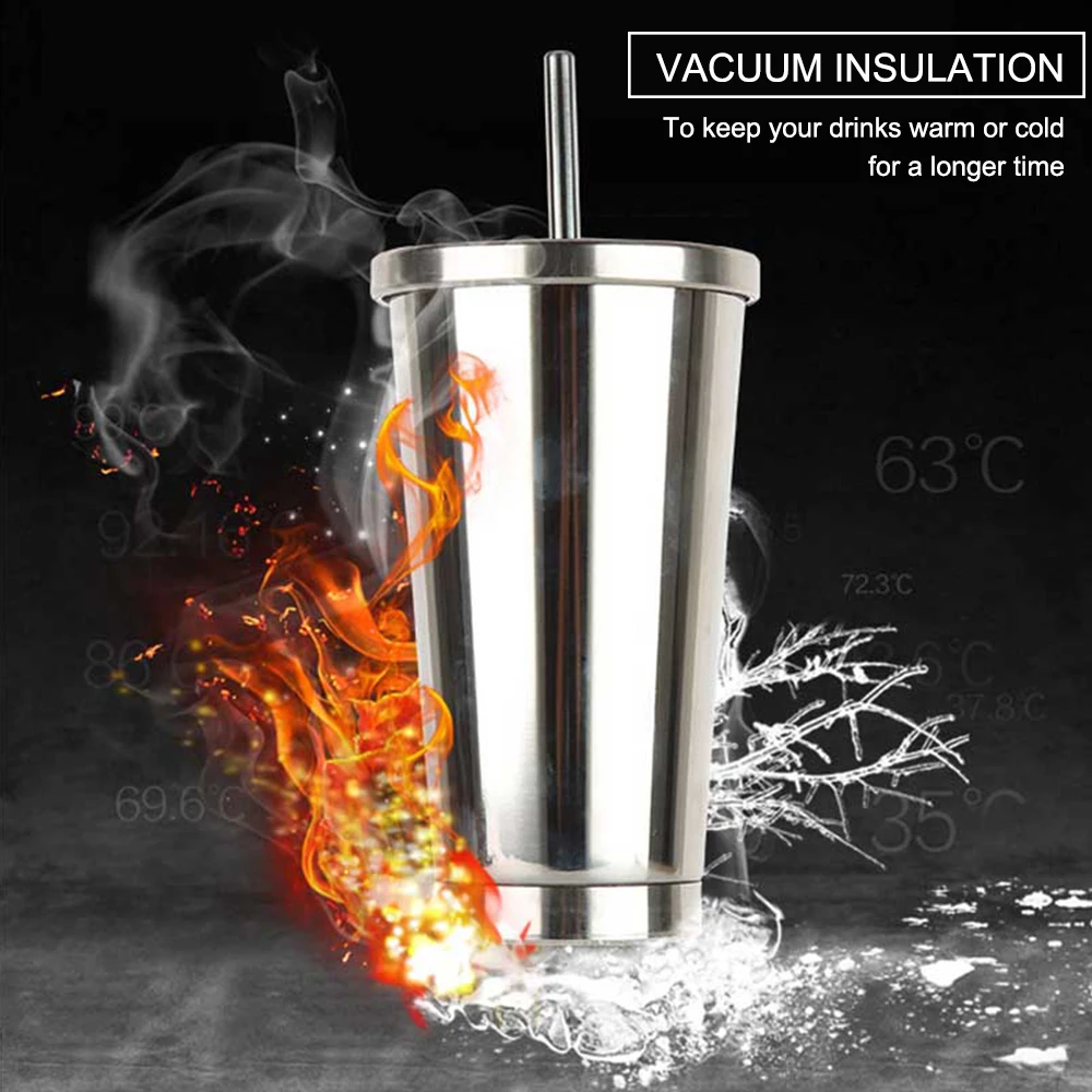 500ml Coffee Mugs Metal Straw Reusable Tumbler Pint 304 Stainless Steel Drinking Cups Portable Travel Tumbler Water Juice Cups