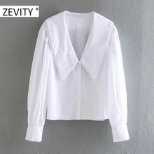 Shirts Women Blouse Chemise Pan-Collar Puff-Sleeve Chic-Tops Poplin Lace ZEVITY White