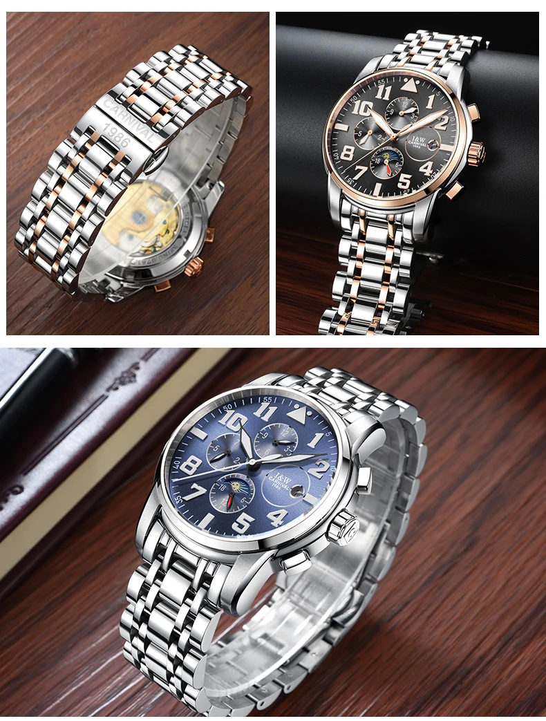 Relogio CARNIVAL Moon Phase Мужские часы Топ бренд класса люкс автоматические механические часы сталь Бизнес водонепроницаемые спортивные часы