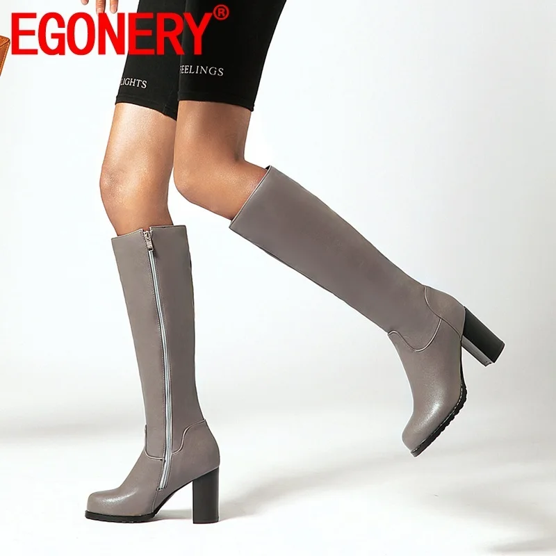 

EGONERY winter new fashion knee high boots outside warm super high heels round toe zip women shoes drop shipping size 34-43