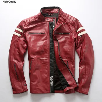 

2020 men's slim fit motorcycle leather jacket red cow leather biker jacket men stand collar contrast color leather coat male