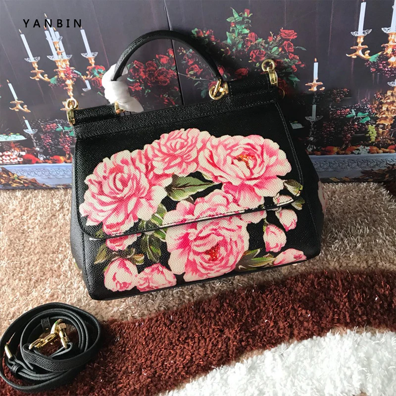 

Folral pattern Bag Genuine Leather Crossbody Bags For Women 2019 Mini Shoulder Messenger Bag With Metal Handle Lady Travel Totes