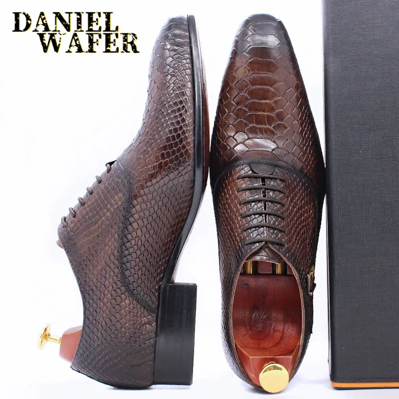 Mens New Real Leather Black Wine Brown Snakeskin Look Vintage Loafers MOD Shoes