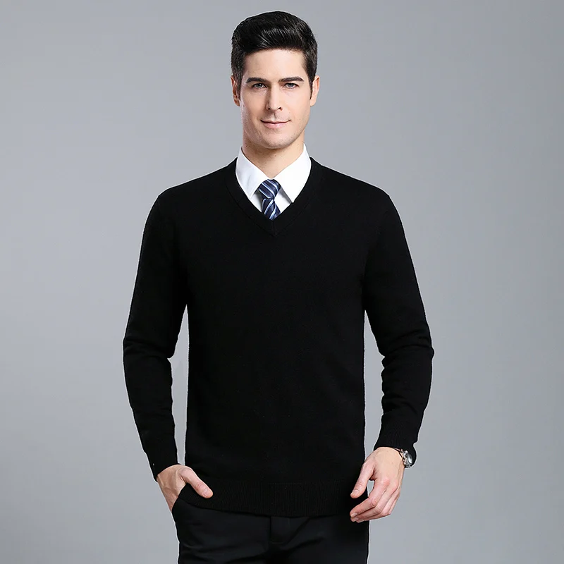 6% Wool New Fashion Brand Sweater For Mens Pullovers V Neck Solid Color Jumpers Knitwear Autumn Slim Fit Casual Clothing Male - Цвет: Черный