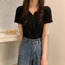 

Summer New Short Sleeve T Shirt Womens Button Solid Casual Short Tops Female V Neck Slim Thin Fashion Korean T-Shirts Tees Femme