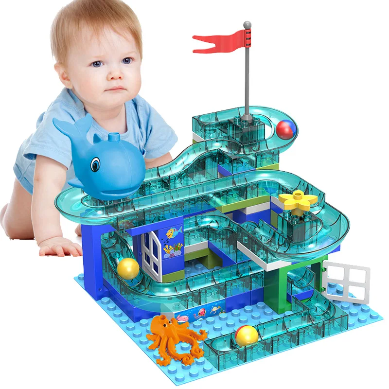 

100 PCS Marble Race Run Maze Ball Track Building Blocks Crystal Plastic Light Slide Big Bricks Compatible Legoe Duploed Blocks
