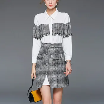 

2020 Spring Two Piece Set Women 2 Piece Set Tweed Patchwork Tassle Long Shirt Tops & High Waist Woolen Belt A Line Skirt Set