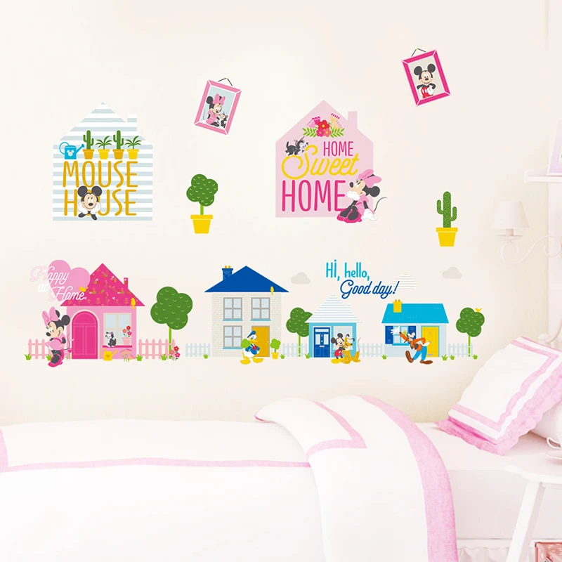 Cartoon Disney Mickey Minnie Mouse Sweet Home Wall Stickers For Kids Room Home Decor Bedroom Wall PVC DIY Mural Art Wallpaper