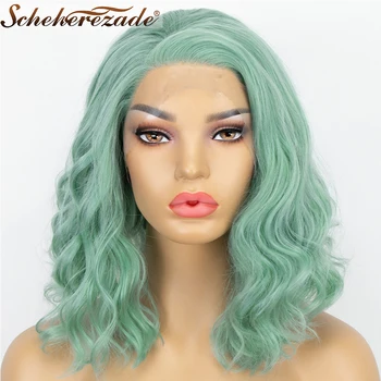 

Scheherezade Mint Green Synthetic Wigs For Women Short Bob Wavy Synthetic Lace Front Wigs High Temperature Fiber Cosplay Wig