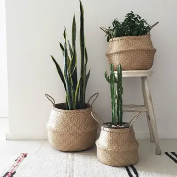 

Foldable Natural Seaweed Woven Storage Pot Garden Flower Vase Hanging Baskets Home Decor Planter