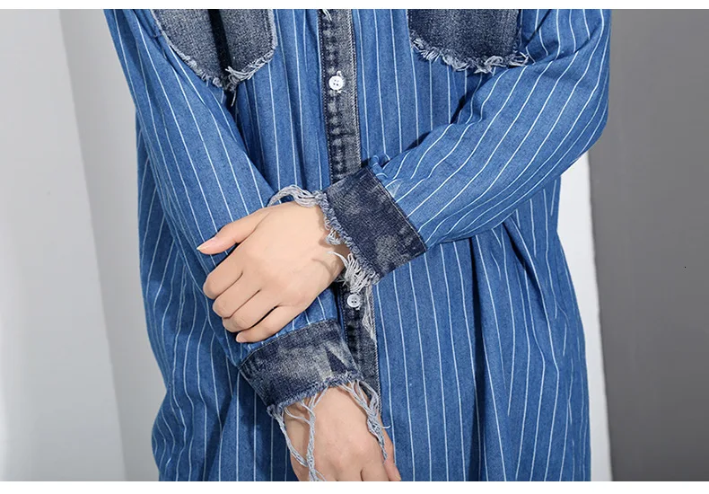 [EAM] Women Blue Striped Denim Big Size Shirt Dress New Lapel Long Sleeve Loose Fit Fashion Tide Spring Autumn 19A-a282