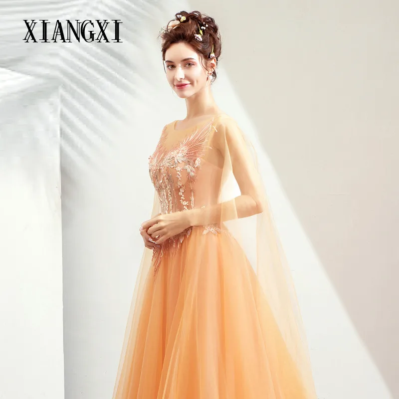 Vestido de festa оранжевые Вечерние платья из тюля трапециевидная Кружевная аппликация вечернее платье длинное формальное платье праздничные платья Robe de soiree