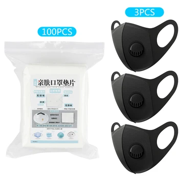 

3 PCS Washable Black Face Mask with 100pcs Filter Paper PM2.5 Mask Gasket Respirator Earloop Breathing Black Face Mouth Masks