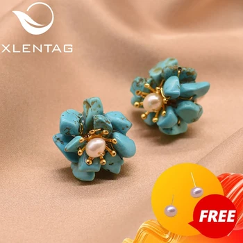 

XlentAg Natural Turquoise Flower Stud Earrings For Women Girl Lovers' Birthday Party Cute Jewelry Accesorios Mujer 2019 GE0780B