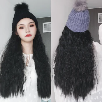 

MUMUPI Winter New Fashion Elastic Knitted Hat with Synthetic Hair Extension Long Corn perm Hair Wig Hat for Women Black Brown