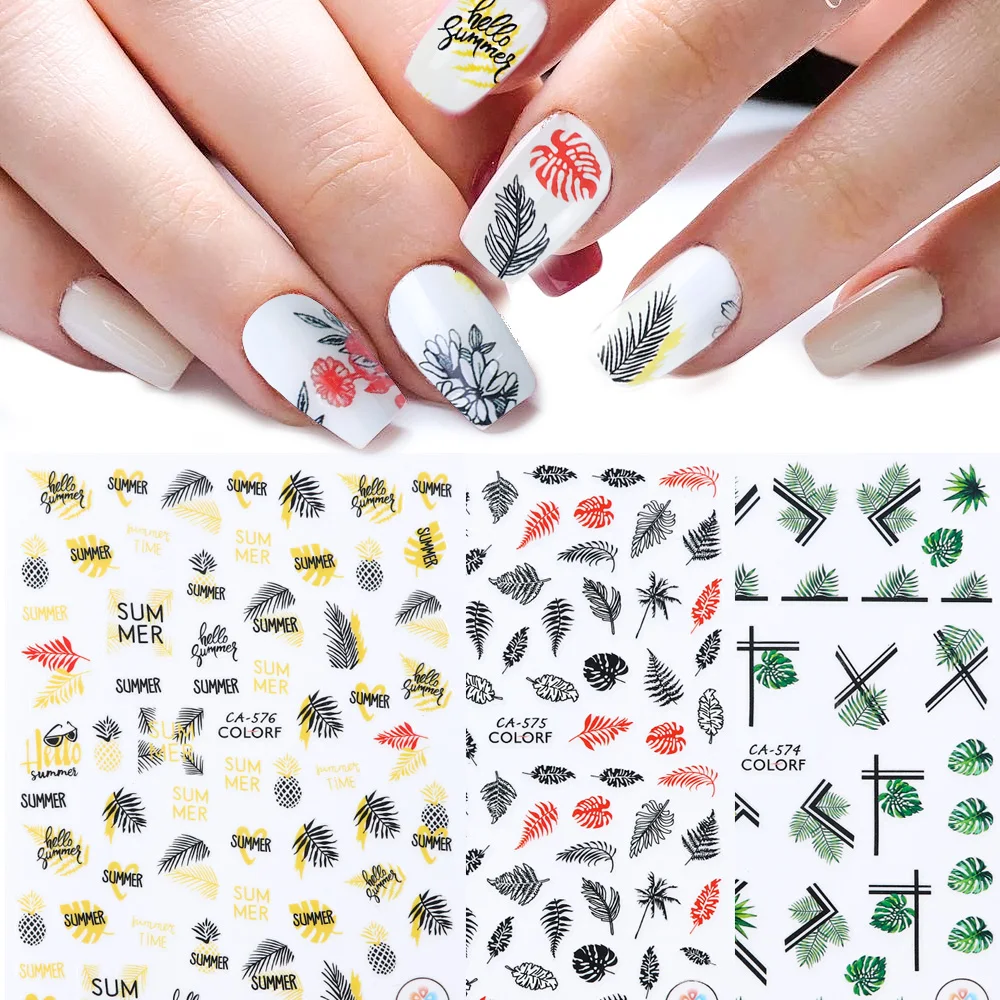 1pcs 3D Adhesive Nail Stickers Leaf Flowers Letters Decals Designs Nail Art Decorations Slider Foils Manicure Wraps TRCA574-584