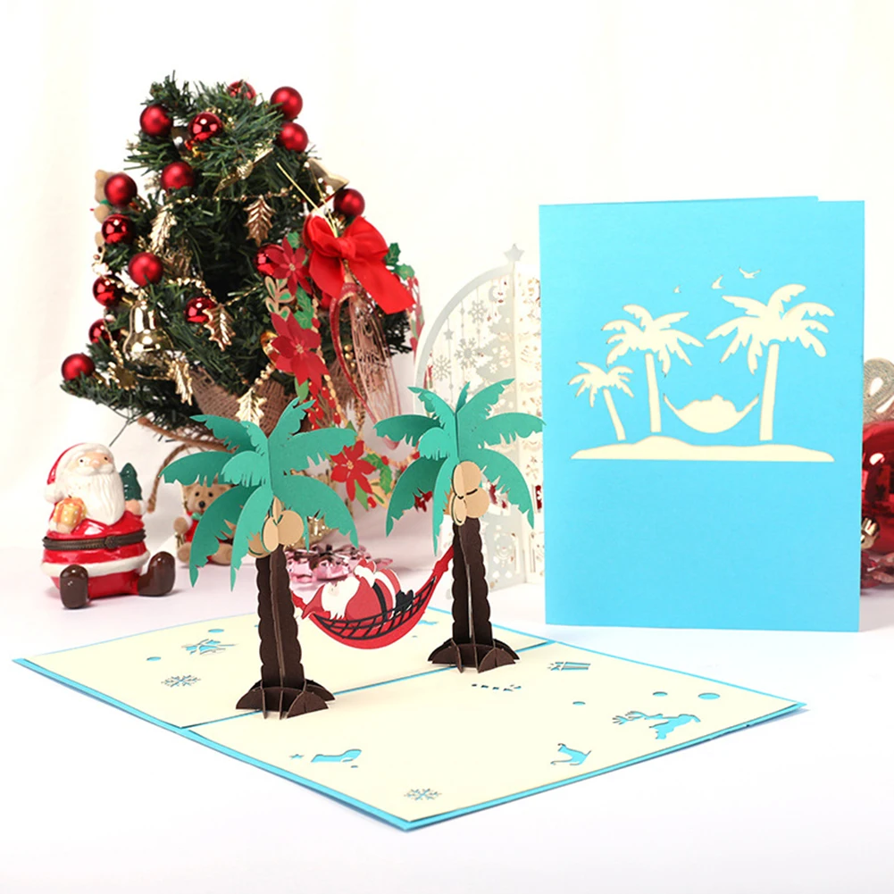  3D Coconut Tree Santa Christmas Birthday Greeting Invitation Cards Postcard Gift Holiday Supplies - 4000215577068