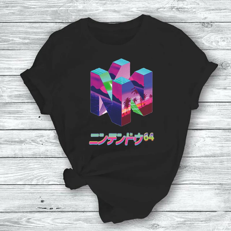 

Nintendo 64 Vaporwave Print T-Shirt Otaku Summer Short Sleeve Women Clothes Harajuku Japanses Style Anime Girl Pink T Shirt