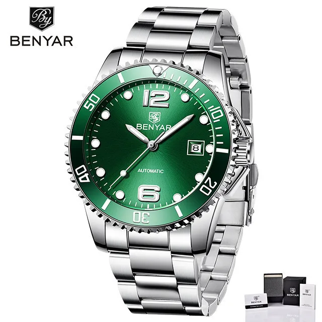 BENYAR лучший бренд Мужские механические часы автоматические Модные Роскошные мужские часы из нержавеющей стали - Цвет: steel green