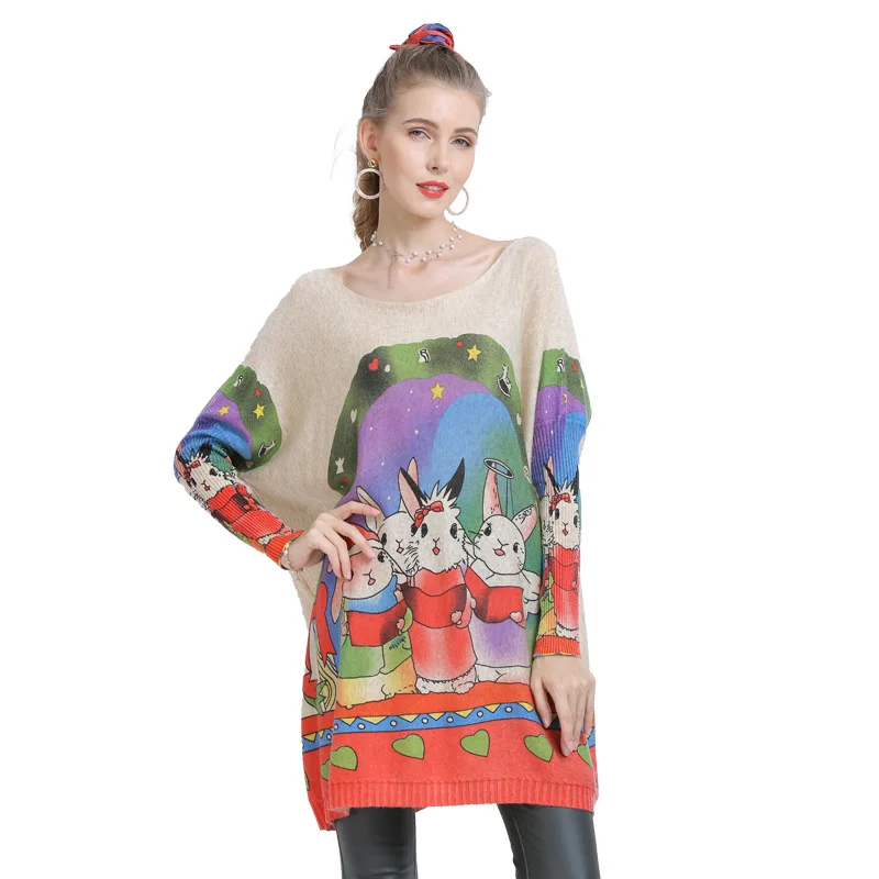 

Women's Slash Neck Rabbit Printed Sweaters For Women Vadim Pullover Soft Thin Knitted Tops Autumn 2020 Batwing Sleeve Sweater