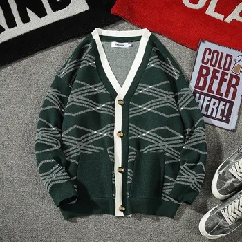 

Mens Sweaters 2020 Autumn and Winter New Wild Trend Knitted Cardigan Men's Fashion Loose Casual Plaid Sweater Coat